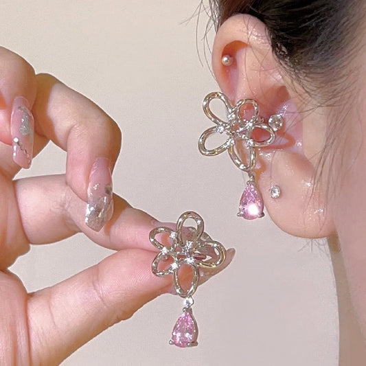 Flower Crystal Earrings — Y2K Fairycore Pink Gem Statement Earrings