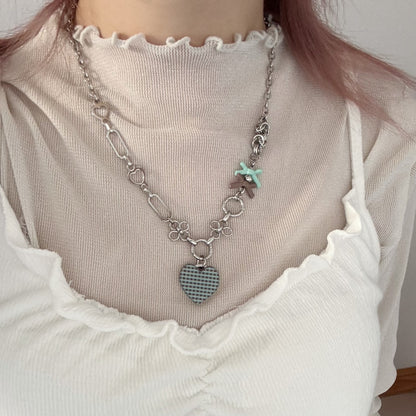 Gingham Heart Charm Necklace — Y2K Sweet Layered Chain Jewelry