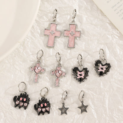 Love Spell Cross Earrings – Dreamy Pink Heart Crystal Y2K Earrings