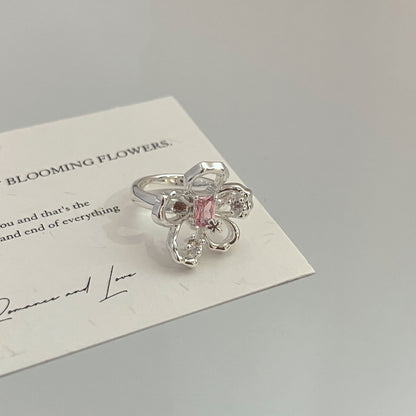 Pink Crystal Flower Ring — Y2K Fairycore Statement Ring