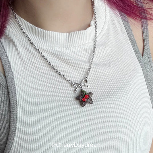 Silver Bow Fabric Star Charm Necklace