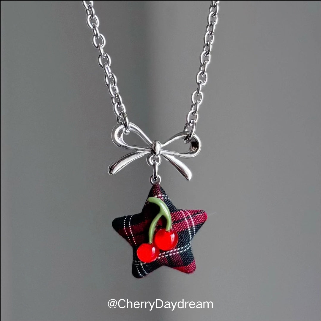 Silver Bow Fabric Star Charm Necklace