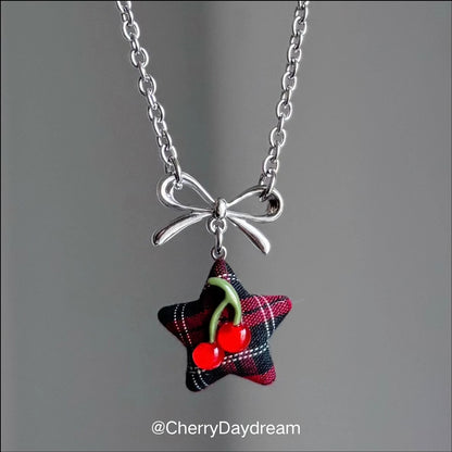 Silver Bow Fabric Star Charm Necklace