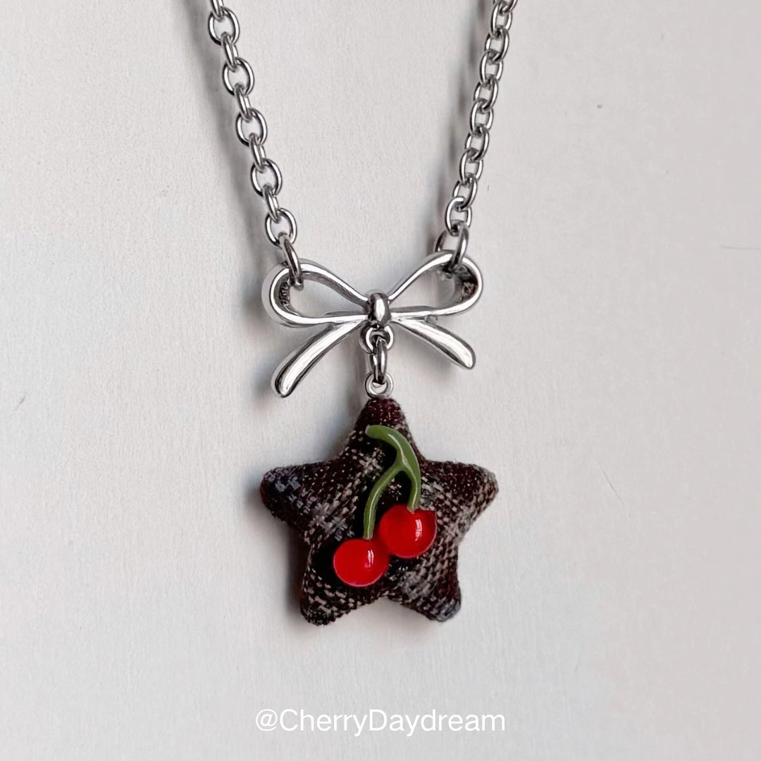 Silver Bow Fabric Star Charm Necklace