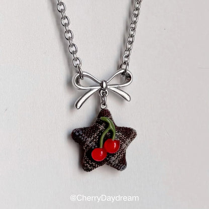 Silver Bow Fabric Star Charm Necklace
