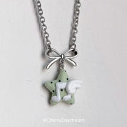 Silver Bow Fabric Star Charm Necklace