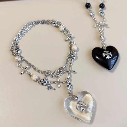Midnight Heart Cross Necklace — Vintage Gothic Beaded Chain