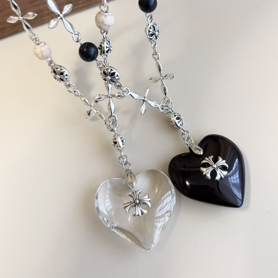 Midnight Heart Cross Necklace — Vintage Gothic Beaded Chain