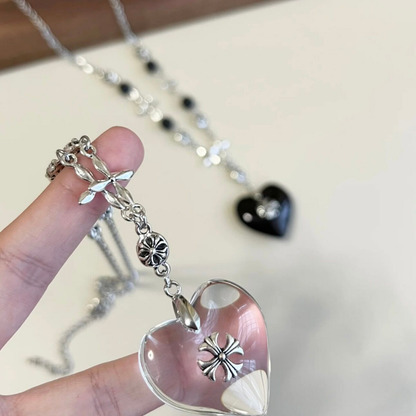 Midnight Heart Cross Necklace — Vintage Gothic Beaded Chain