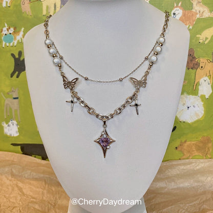 Purple Heart Butterfly Layered Charm Necklace