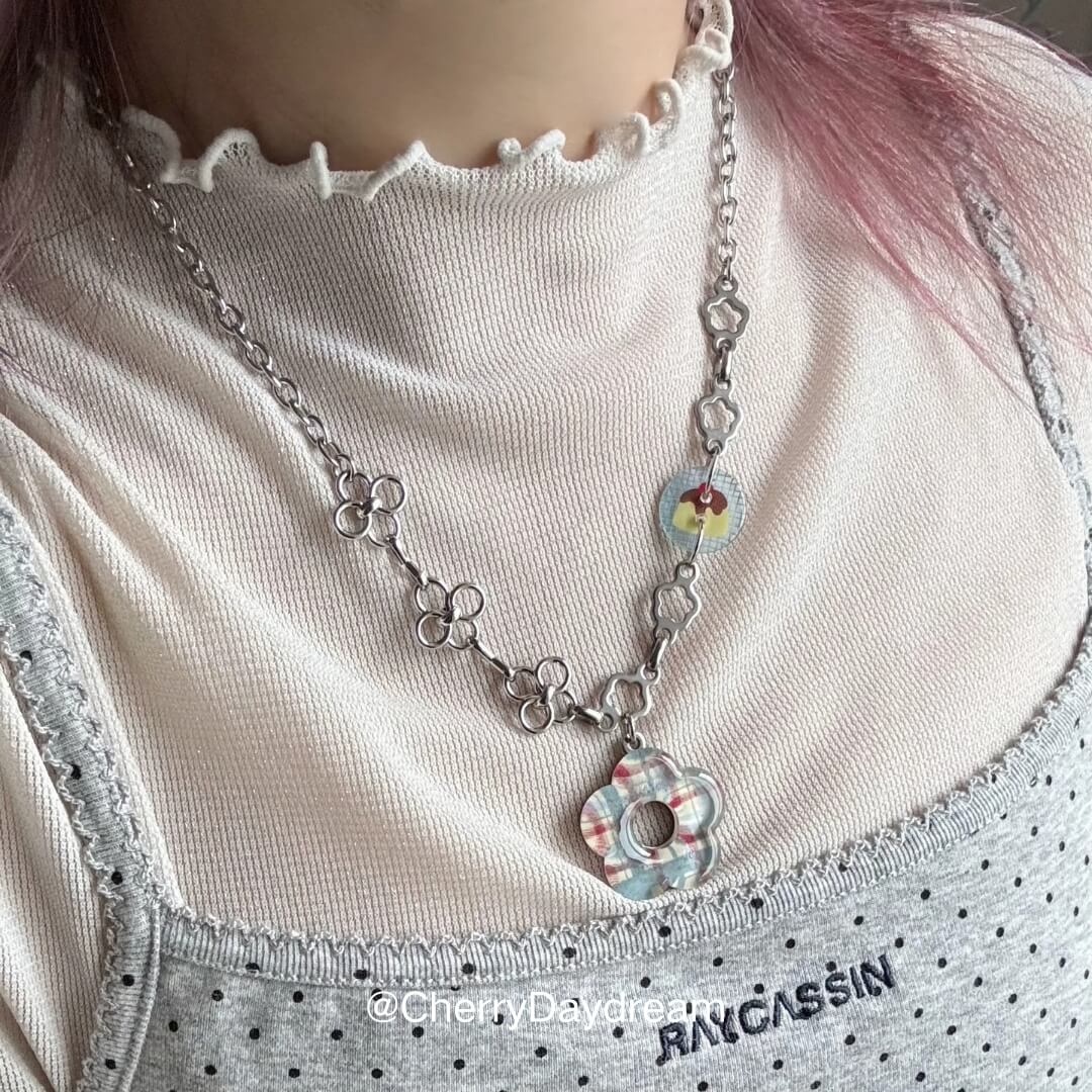 Plaid Flower Mixed Chain Necklace