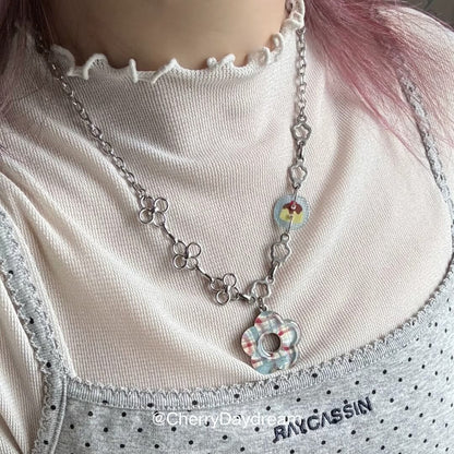 Plaid Flower Mixed Chain Necklace