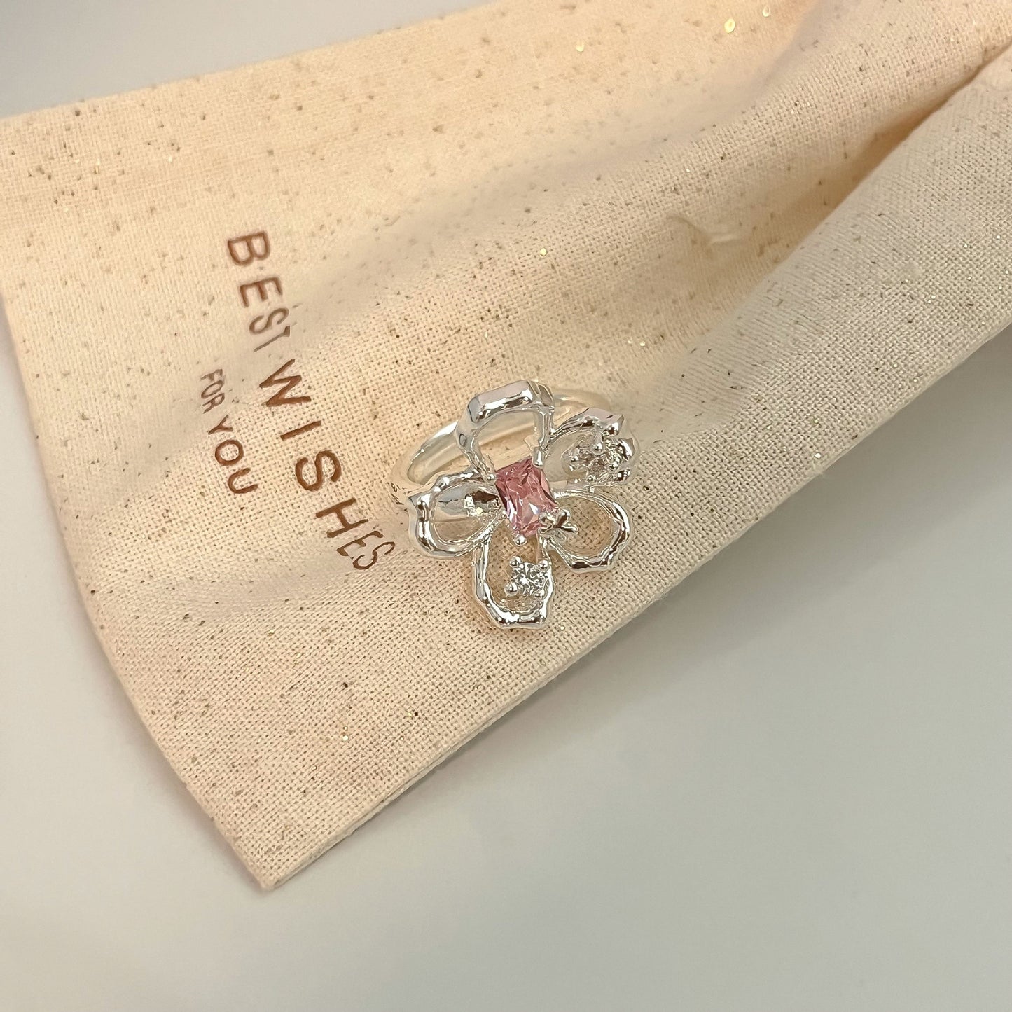 Pink Crystal Flower Ring — Y2K Fairycore Statement Ring