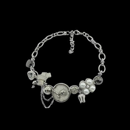 Silver Charm Necklace | Vintage Pearl Chain Statement Jewelry