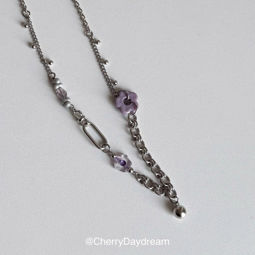 Purple Flower Beaded Chain Necklace