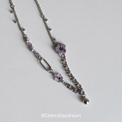 Purple Flower Beaded Chain Necklace