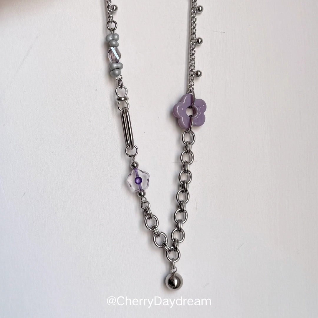 Purple Flower Beaded Chain Necklace