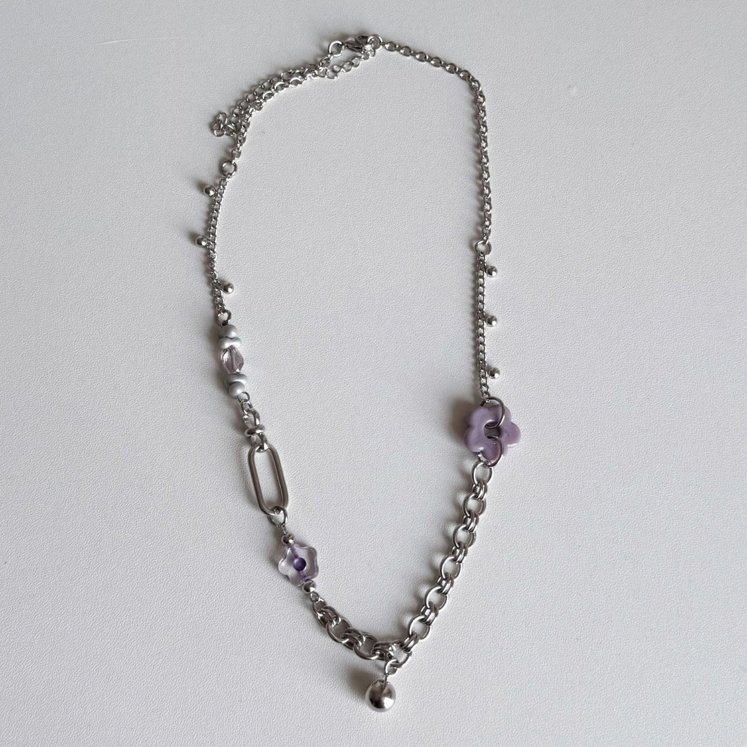 Purple Flower Beaded Chain Necklace