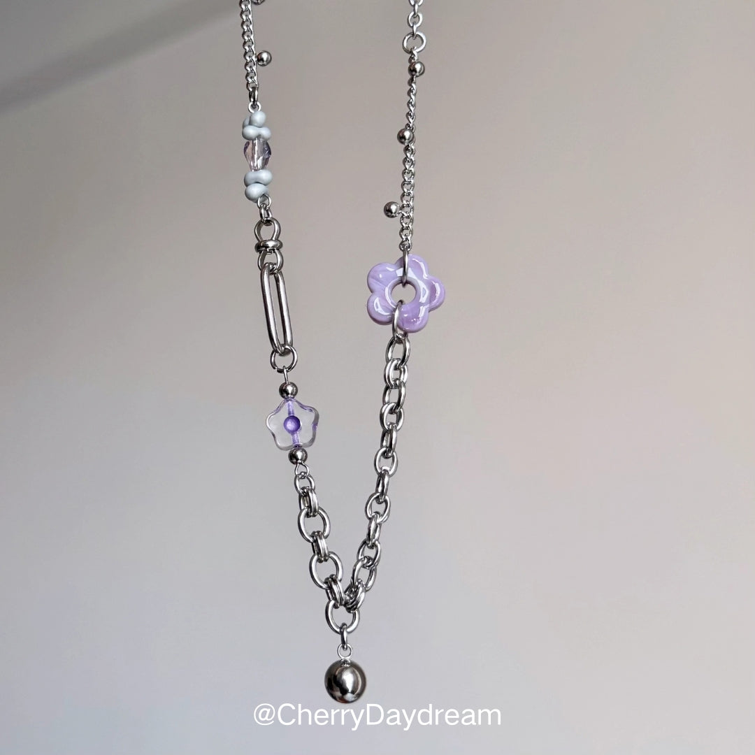 Purple Flower Beaded Chain Necklace