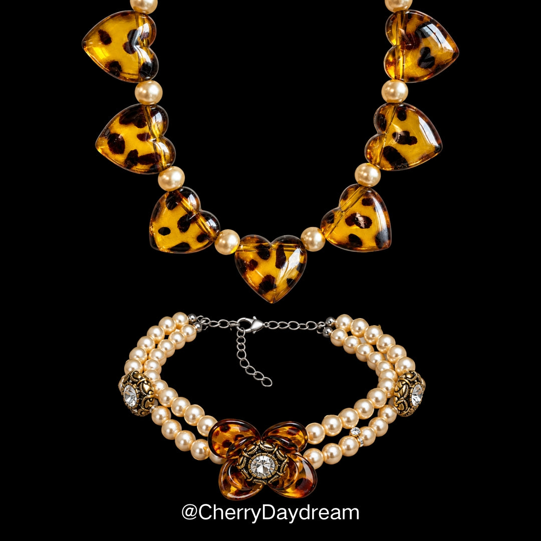 Tortoiseshell Heart & Pearl Layered Necklace Set