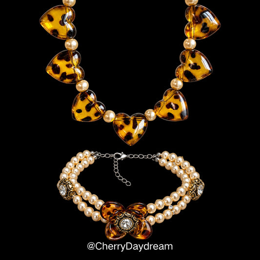 Tortoiseshell Heart & Pearl Layered Necklace Set