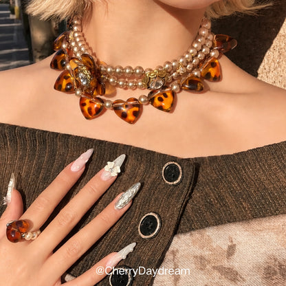 Tortoiseshell Heart & Pearl Layered Necklace Set