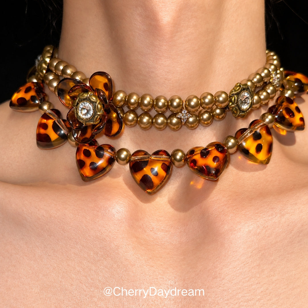 Tortoiseshell Heart & Pearl Layered Necklace Set