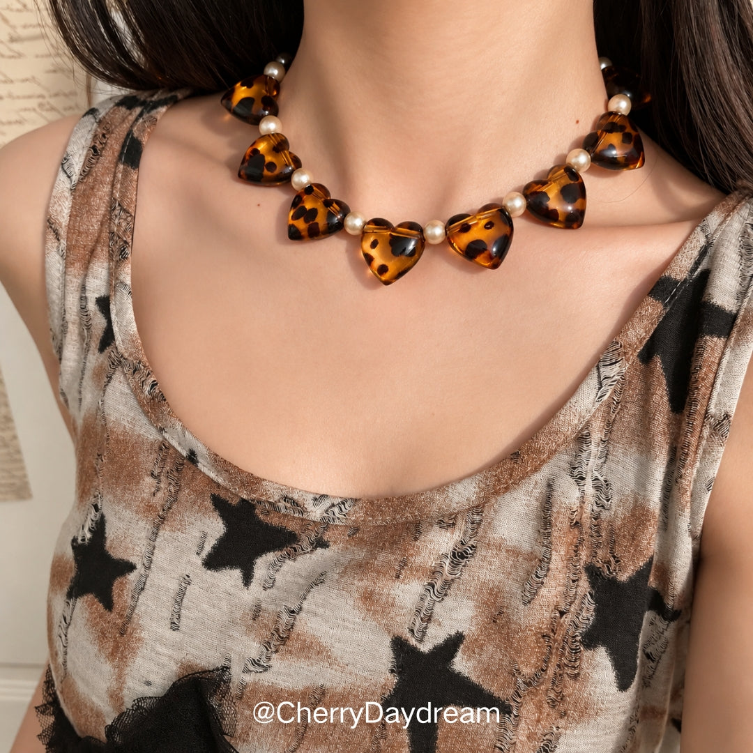 Tortoiseshell Heart & Pearl Layered Necklace Set