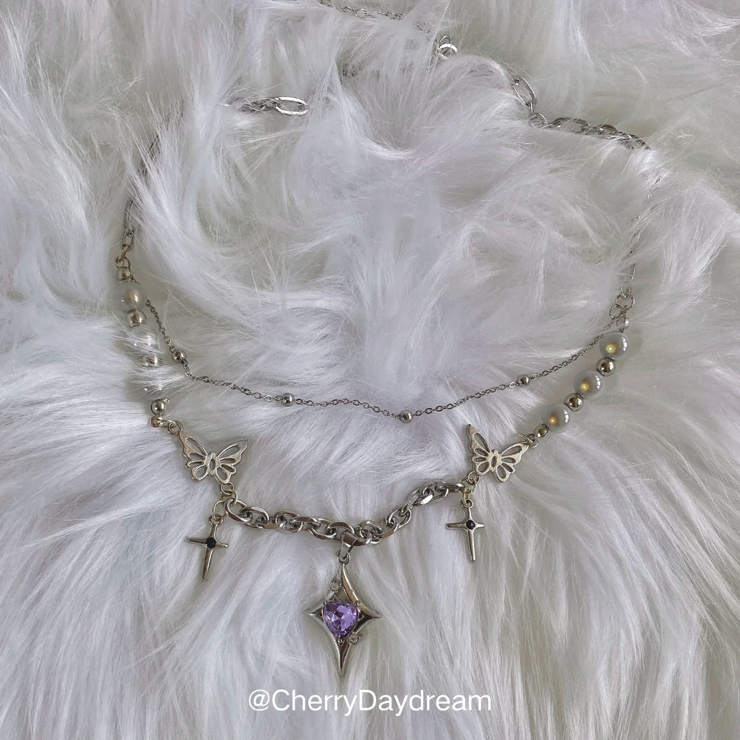 Purple Heart Butterfly Layered Charm Necklace