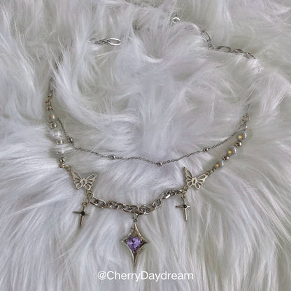 Purple Heart Butterfly Layered Charm Necklace