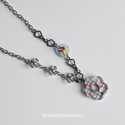 Plaid Flower Mixed Chain Necklace