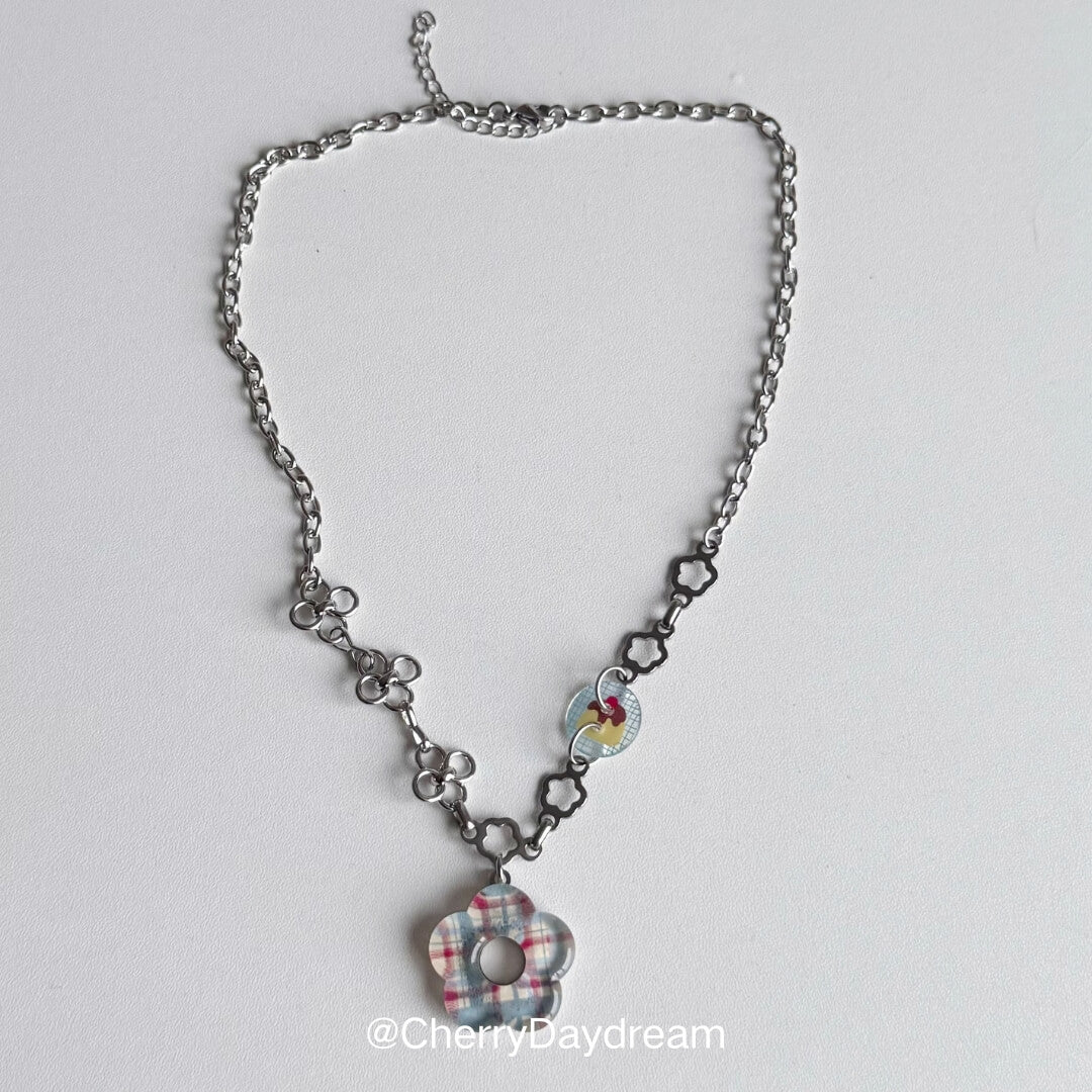 Plaid Flower Mixed Chain Necklace