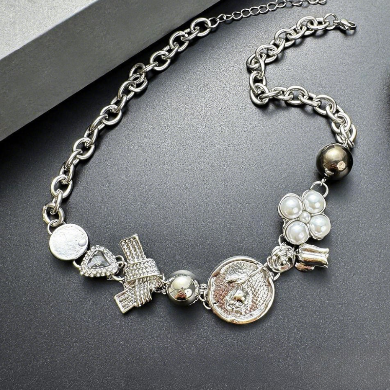 Silver Charm Necklace | Vintage Pearl Chain Statement Jewelry