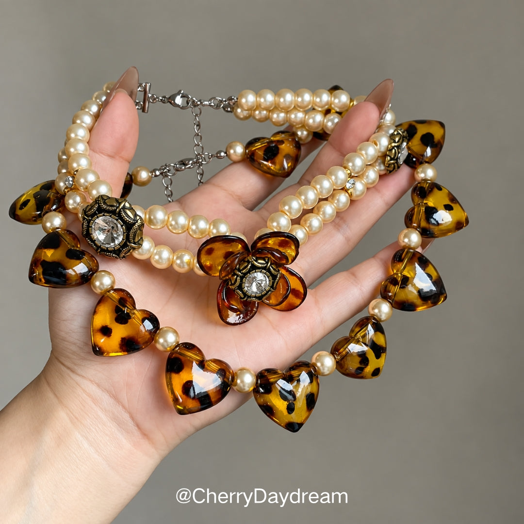 Tortoiseshell Heart & Pearl Layered Necklace Set
