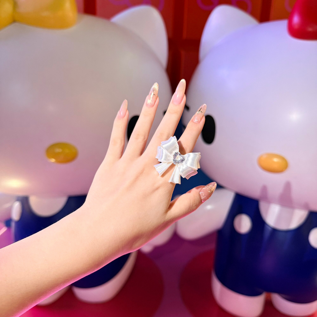 Bow Heart Crystal Ring — Y2K Coquette 3D Printed Statement Ring