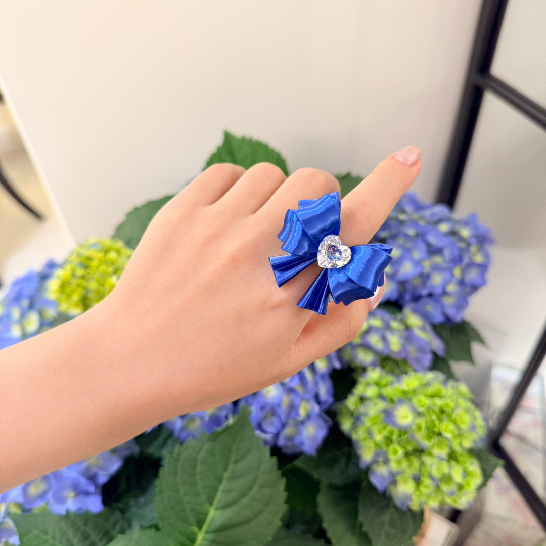 Bow Heart Crystal Ring — Y2K Coquette 3D Printed Statement Ring
