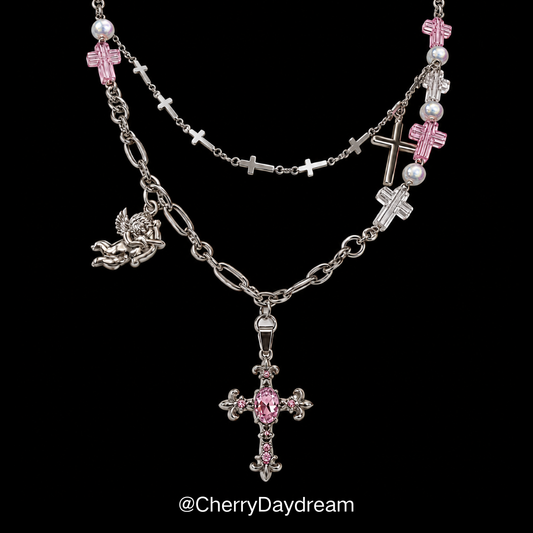 Pink Crystal Cross Cherub Layered Necklace
