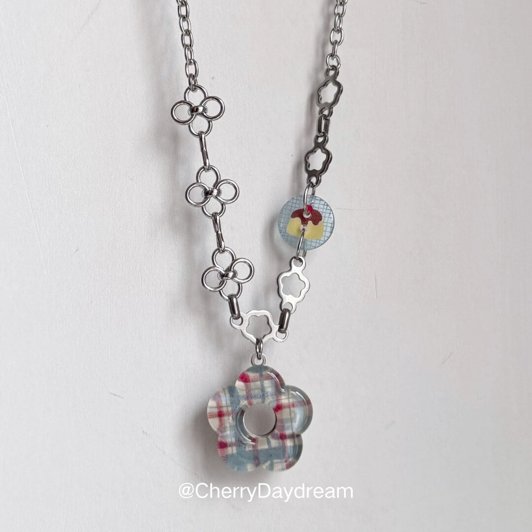 Plaid Flower Mixed Chain Necklace