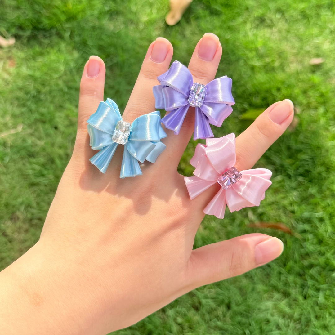 Bow Square Crystal Ring — Y2K Coquette 3D Printed Statement Ring