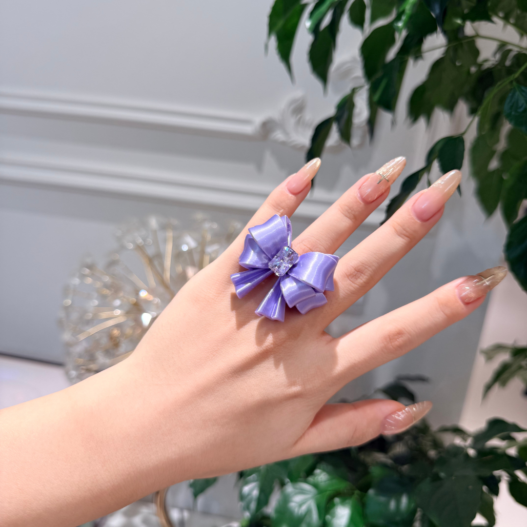 Bow Square Crystal Ring — Y2K Coquette 3D Printed Statement Ring