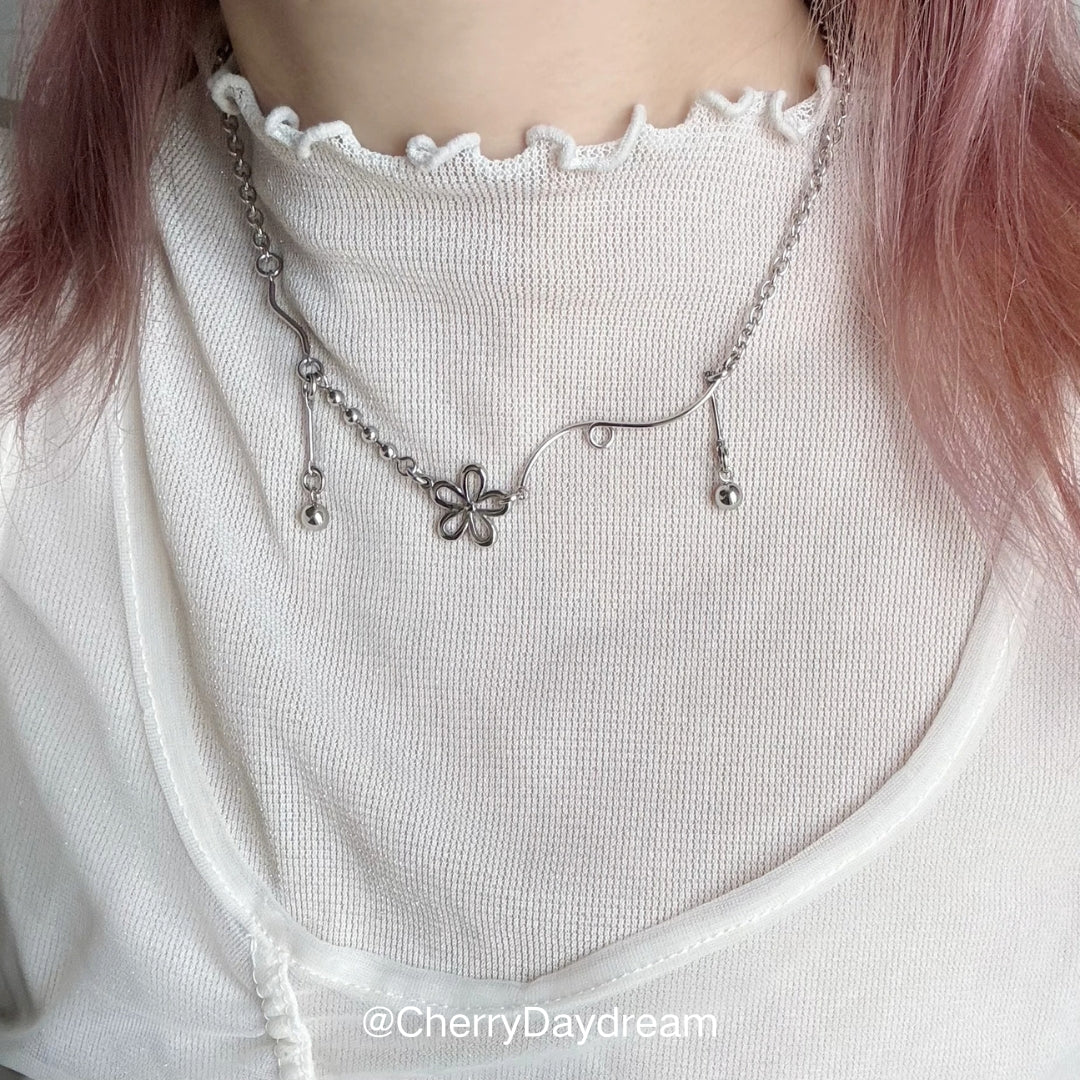 Silver Flower Charm Necklace — Minimalist Layered Chain Jewelry