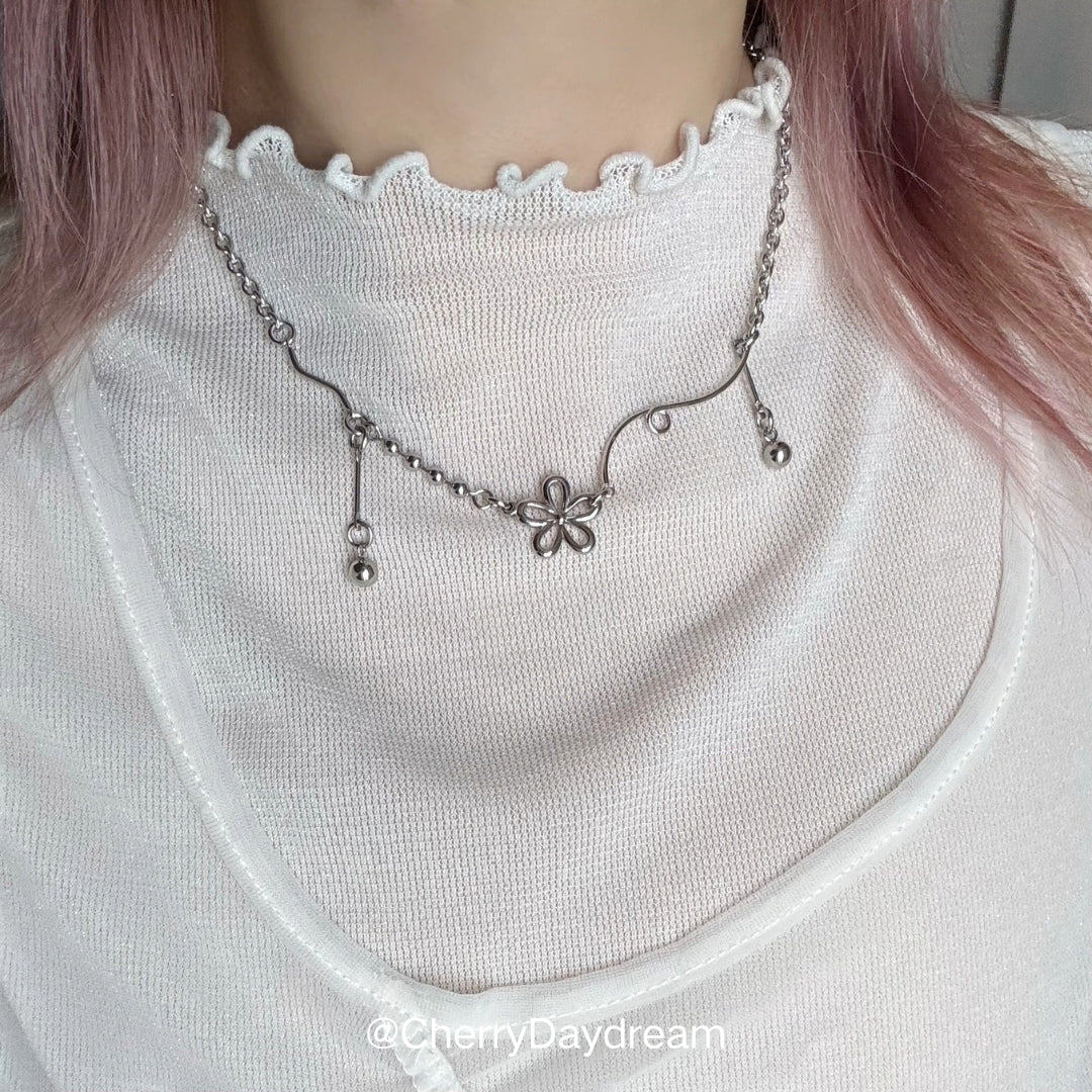 Silver Flower Charm Necklace — Minimalist Layered Chain Jewelry