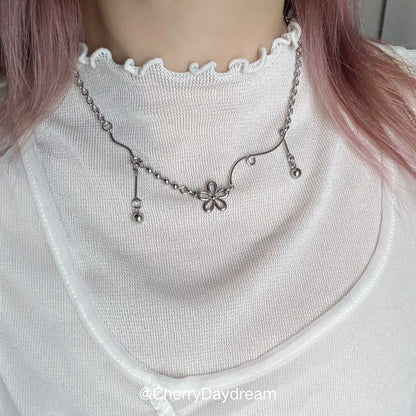 Silver Flower Charm Necklace — Minimalist Layered Chain Jewelry