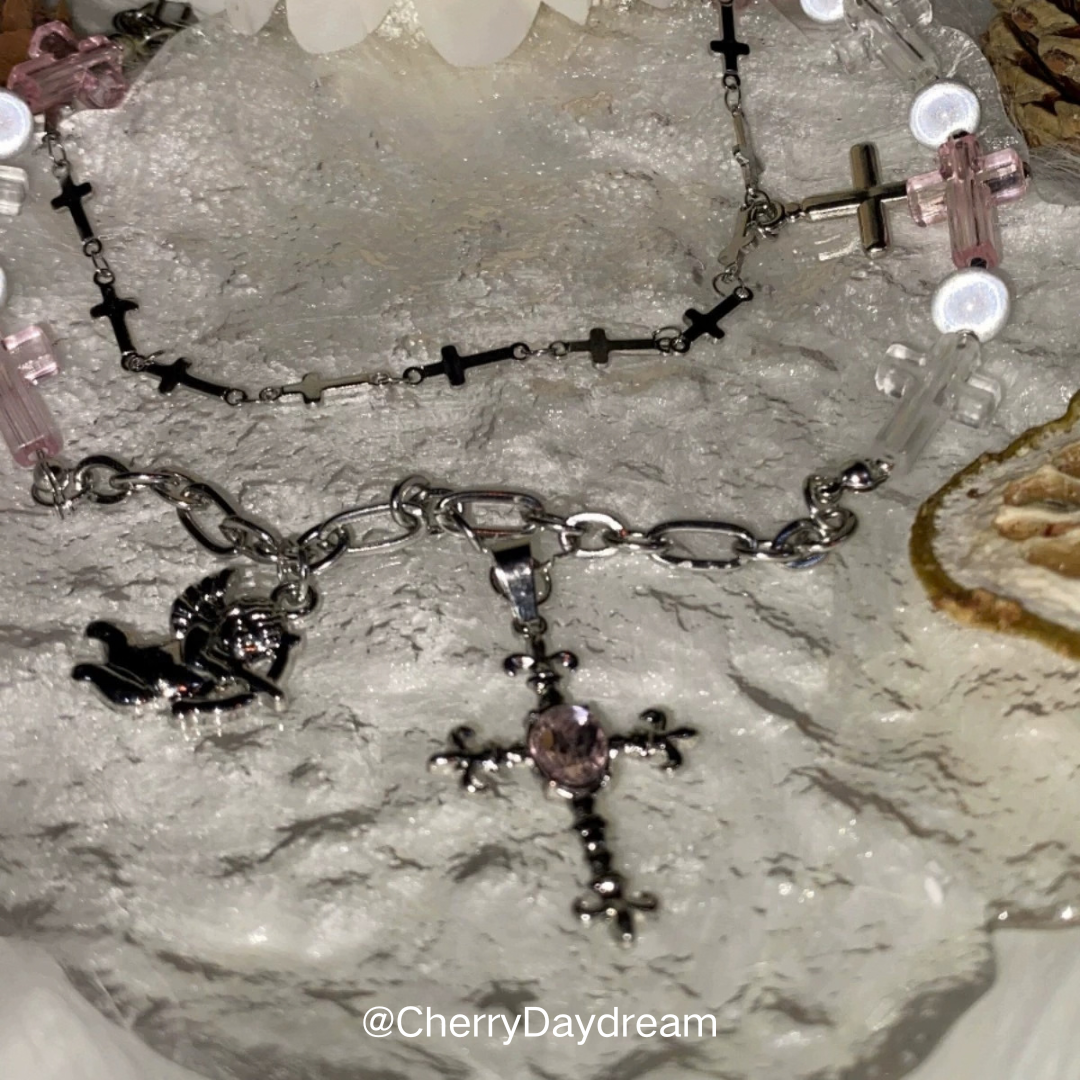 Pink Crystal Cross Cherub Layered Necklace