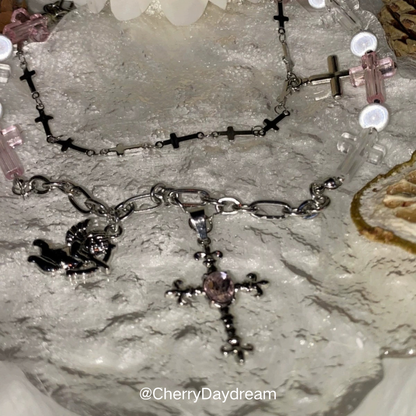 Pink Crystal Cross Cherub Layered Necklace