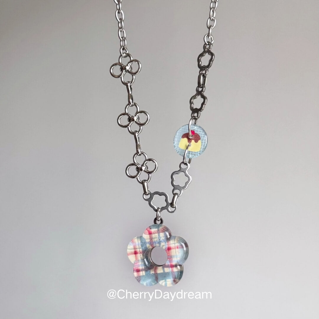 Plaid Flower Mixed Chain Necklace