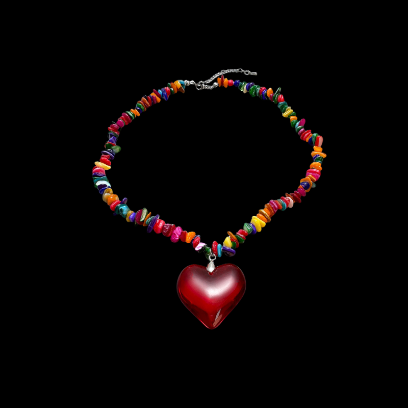Colorful Heart Charm Necklace | Y2K Beaded Red Heart Pendant Jewelry