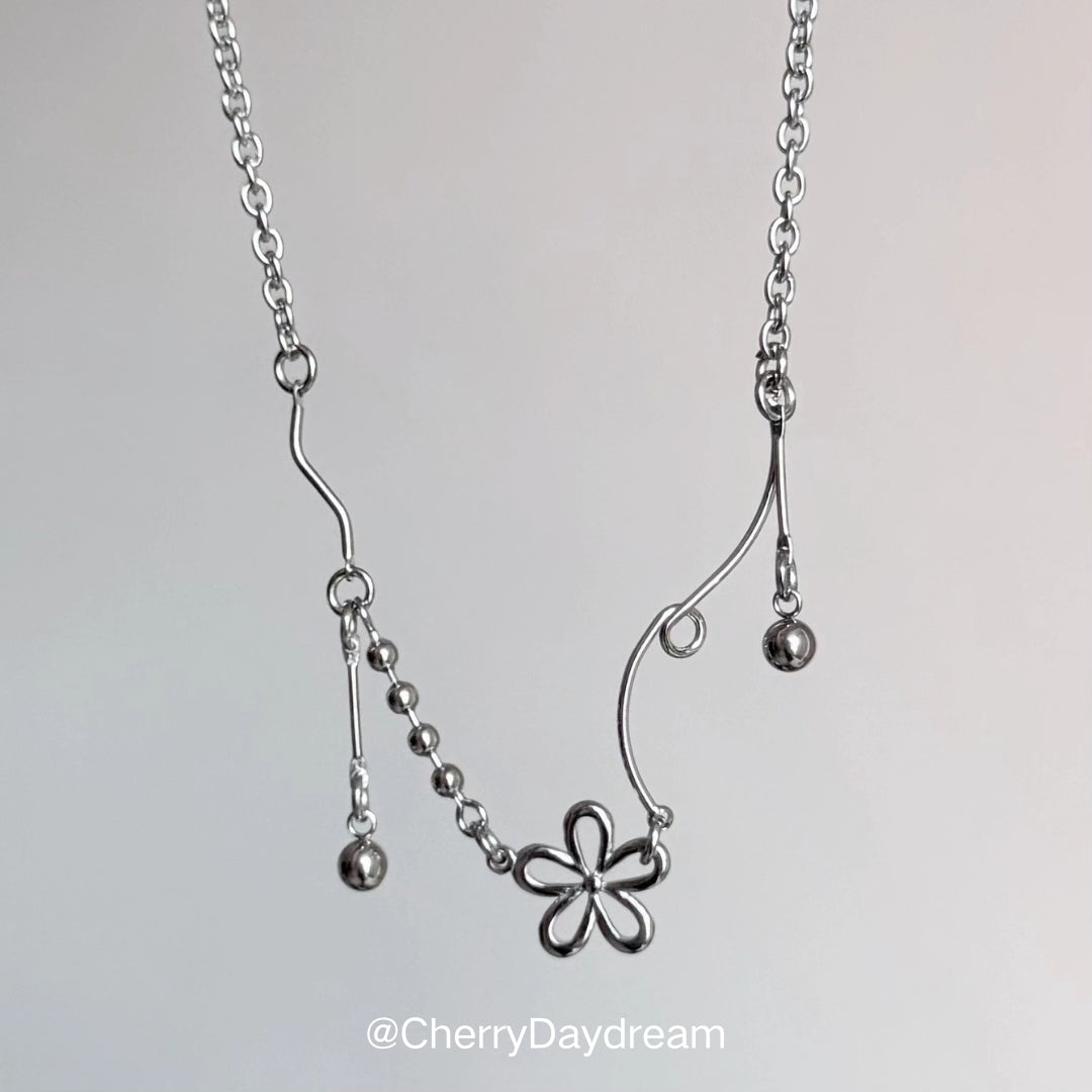Silver Flower Charm Necklace — Minimalist Layered Chain Jewelry