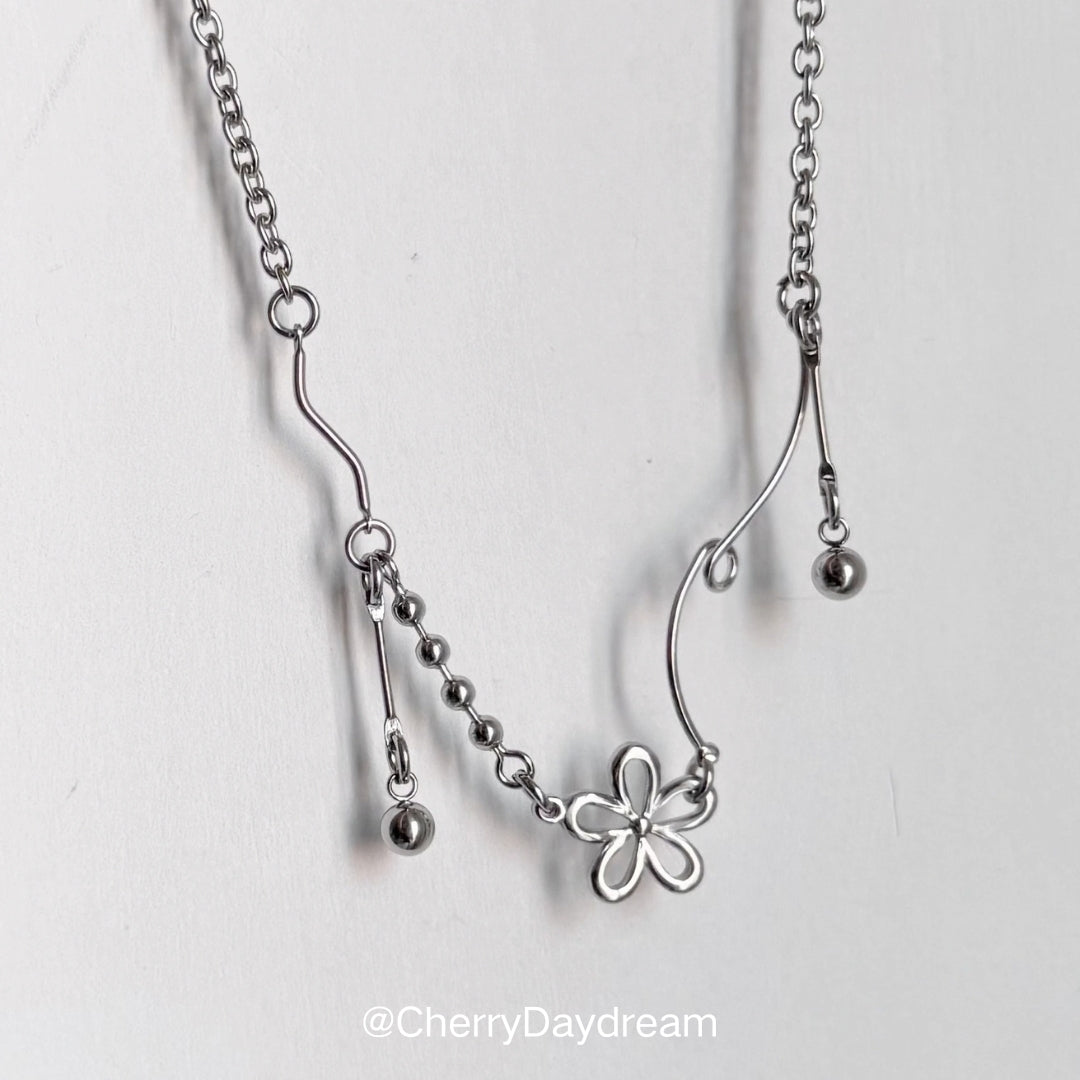 Silver Flower Charm Necklace — Minimalist Layered Chain Jewelry