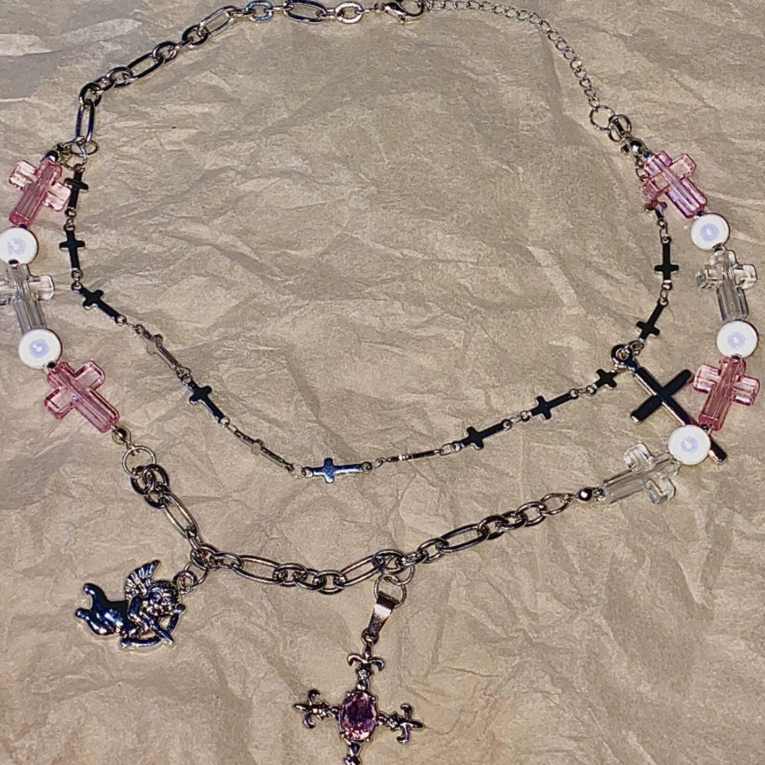 Pink Crystal Cross Cherub Layered Necklace
